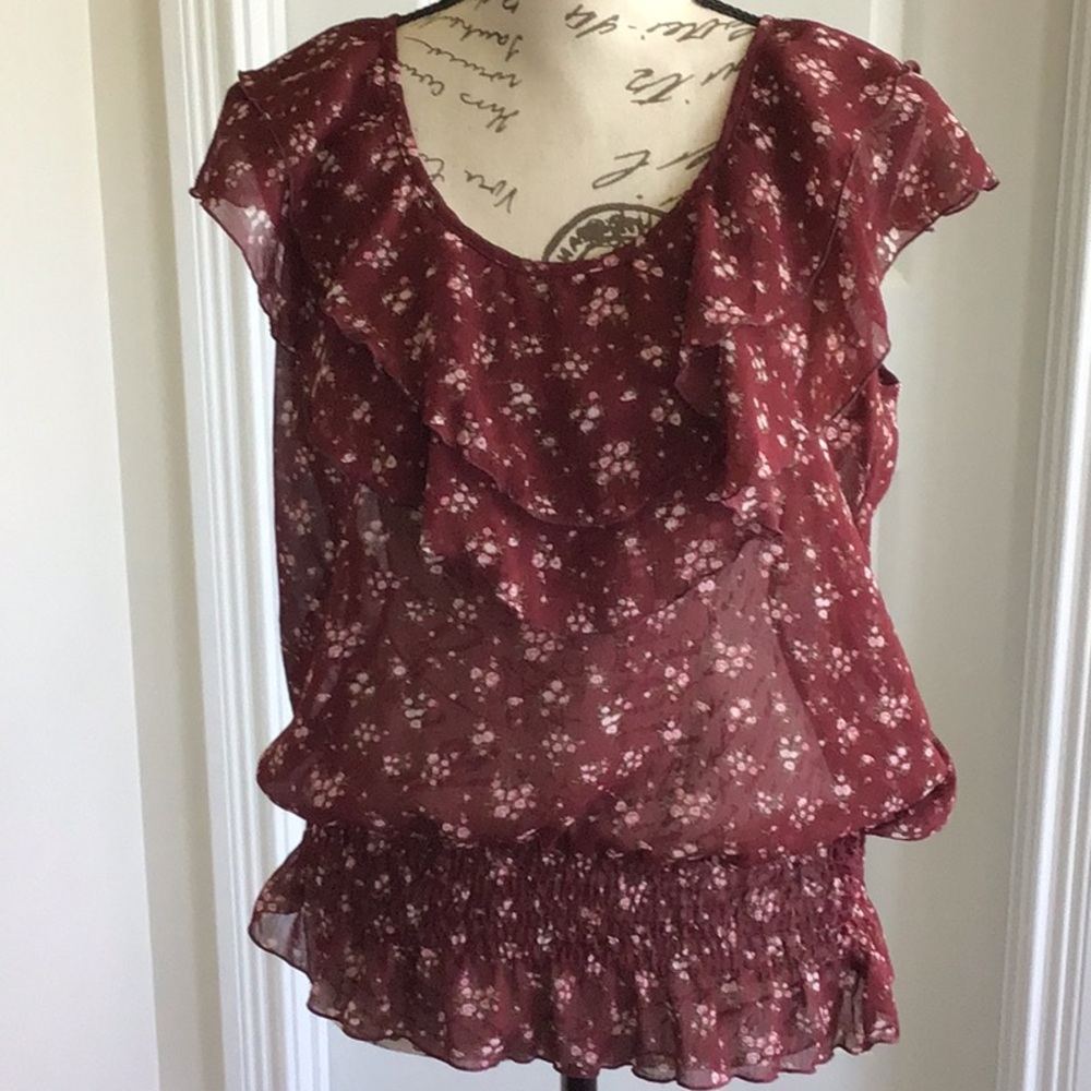 Burgundy Maroon Floral Ruffled Neckline and Sleeves Sheer Blouse Top Sz L